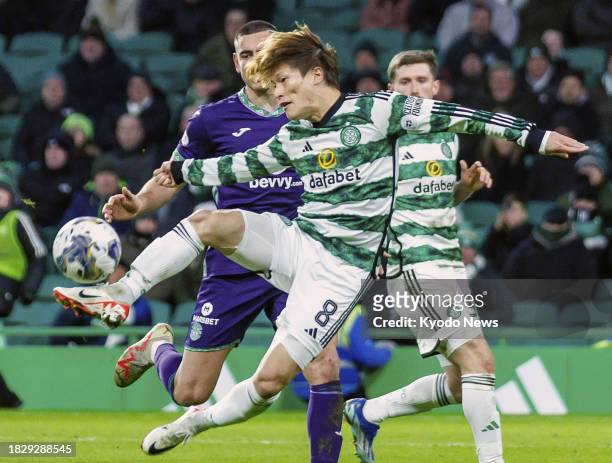 Celtic's Kyogo Furuhashi is seen in action in a Scottish Premiership football match against Hibernian in Glasgow, Scotland, on Dec. 6, 2023.
