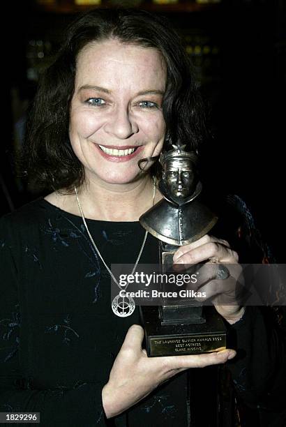 British Actress Clare Higgins holds her 2003 Laurence Olivier Award winner for Best Actress for "Vincent in Brixton" at the Cottesloe and Wyndham's...