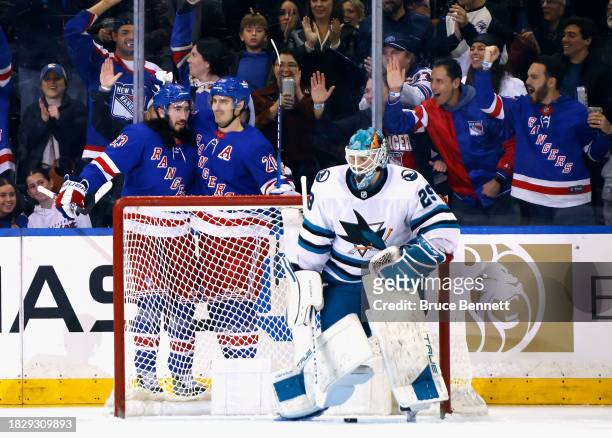 Mika Zibanejad of the New York Rangers celebrates his goal at 16:42 of the first period against Mackenzie Blackwood of the San Jose Sharks and is...
