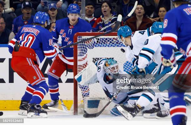 Artemi Panarin of the New York Rangers scores his second goal of the first period at 12:55 against Mackenzie Blackwood of the San Jose Sharks at...