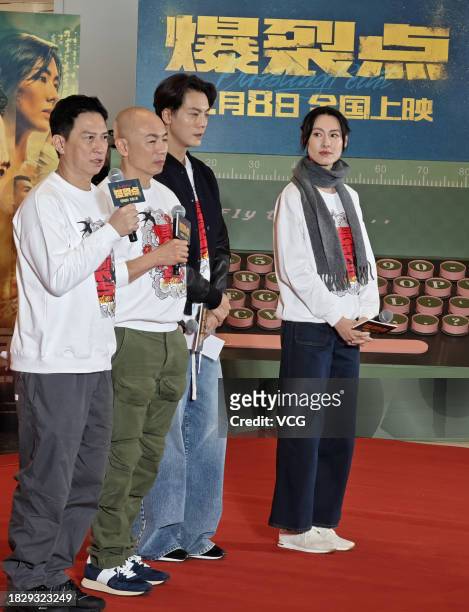Actor Nick Cheung Ka-fai, director Dante Lam Chiu-yin, actor William Chan Wai-ting and actress Isabella Leong attend the road show of film 'Bursting...