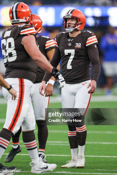 Dustin Hopkins of the Cleveland Browns reacts after missing an extra point kick attempt in the fourth quarter against the Los Angeles Rams at SoFi...