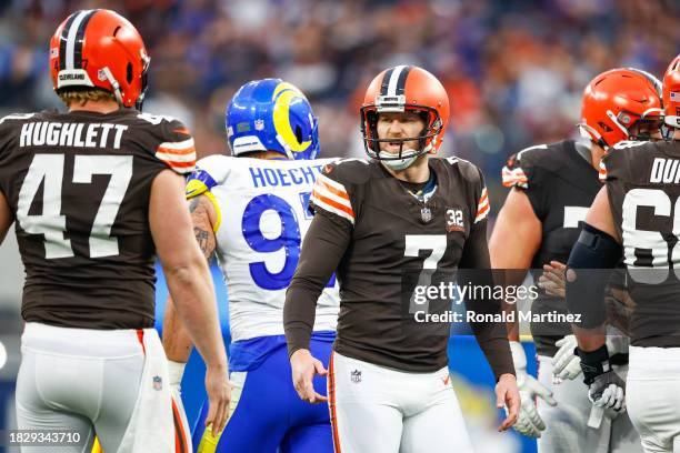 Dustin Hopkins of the Cleveland Browns reacts after missing an extra point kick attempt in the fourth quarter against the Los Angeles Rams at SoFi...