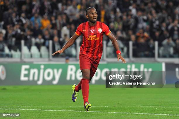 Didier Drogba of Galatasaray AS celebrates after scoring the opening goal during UEFA Champions League Group B match between Juventus and Galatasaray...