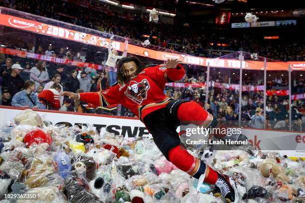 London Hoilett of the Calgary Hitmen jumps into the stuffed toys after scoring a goal in the first period against the Prince Albert Raiders during...