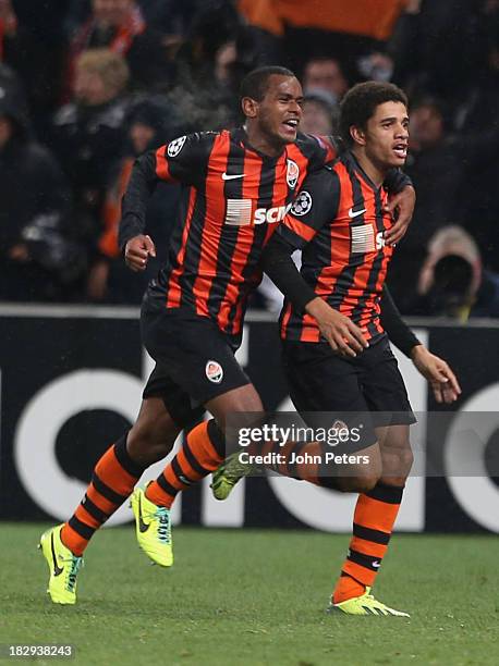 Taison of Shakhtar Donetsk celebrates scoring their first goal during the UEFA Champions League Group A match between Shakhtar Donetsk and Manchester...