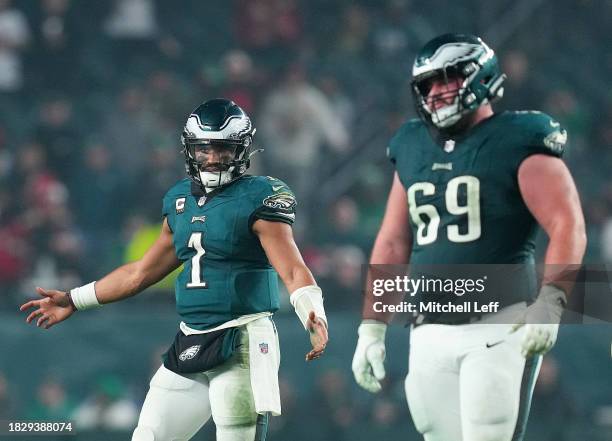 Jalen Hurts of the Philadelphia Eagles reacts after an incomplete pass during the fourth quarter in the game against the San Francisco 49ers at...