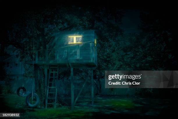 illuminated treehouse in backyard at night - tree house night stock pictures, royalty-free photos & images