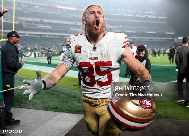 George Kittle of the San Francisco 49ers celebrates a win over the Philadelphia Eagles at Lincoln Financial Field on December 03, 2023 in...