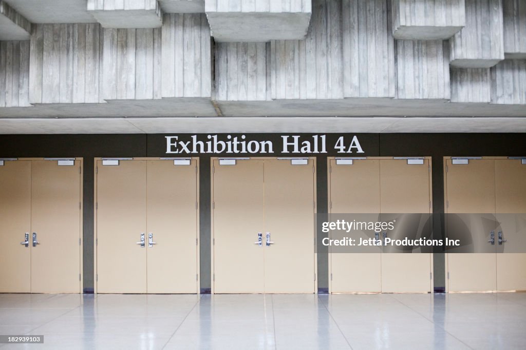 Exhibition hall sign and double doors
