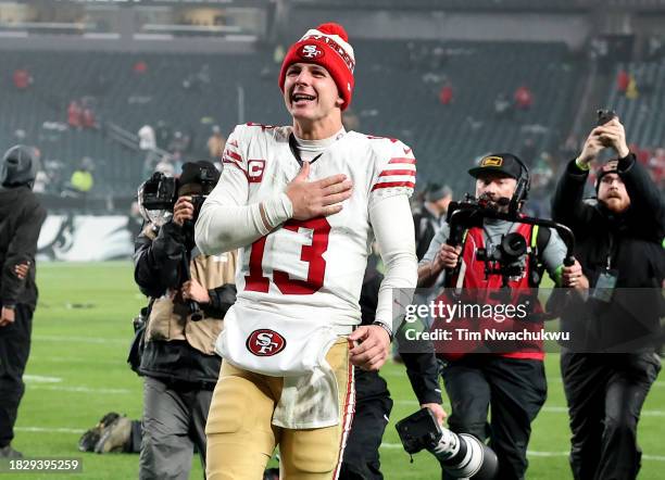 Brock Purdy of the San Francisco 49ers celebrates a win over the Philadelphia Eagles at Lincoln Financial Field on December 03, 2023 in Philadelphia,...