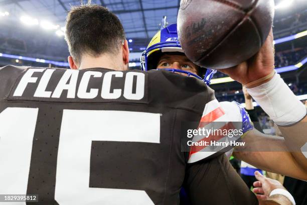 Joe Flacco of the Cleveland Browns and Matthew Stafford of the Los Angeles Rams meet after the Rams beat the Browns 36-16 at SoFi Stadium on December...