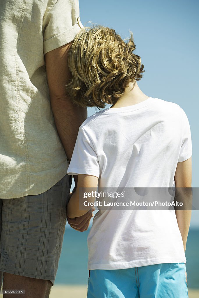 Boy leaning against father, rear view