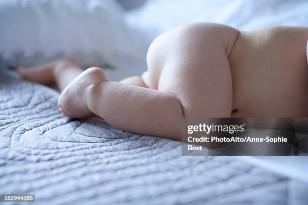 naked baby lying on bed, cropped - female derriere stockfoto's en -beelden