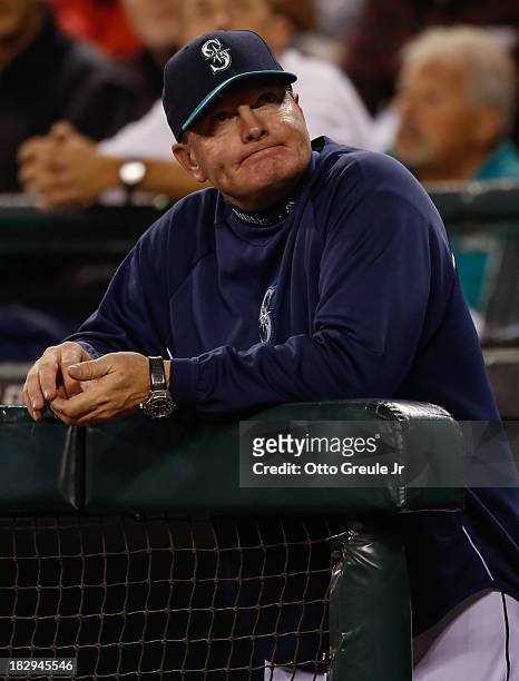 Manager Eric Wedge of the Seattle Mariners looks on against the Oakland Athletics at Safeco Field on September 27, 2013 in Seattle, Washington. Wedge...