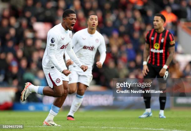 Leon Bailey of Aston Villa celebrates his goal during the Premier League match between AFC Bournemouth and Aston Villa at Vitality Stadium on...