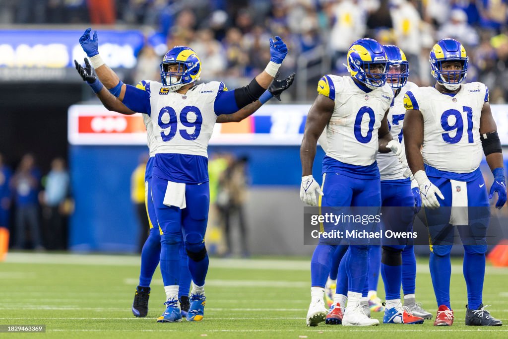Clevelad Rams Aaron Donald of the Los Angeles Rams celebrates during an NFL... News ...