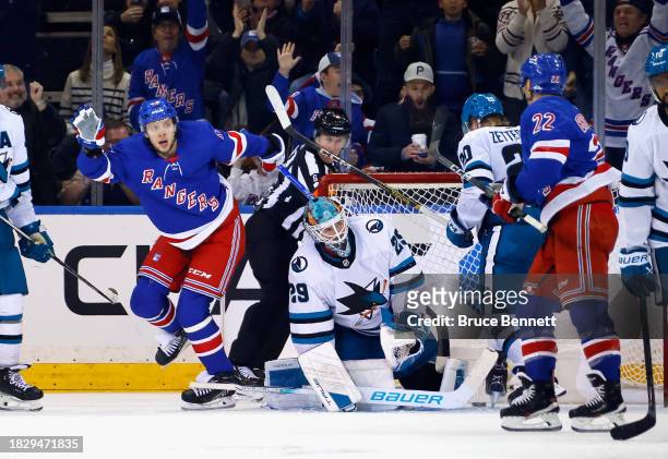 Artemi Panarin of the New York Rangers celebrates his hattrick at 4:41 of the third period against the San Jose Sharks at Madison Square Garden on...