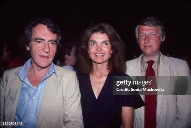 From left, American theater director & producer Joseph Papp , editor & former First Lady Jacqueline Kennedy Onassis , and film & theater director...