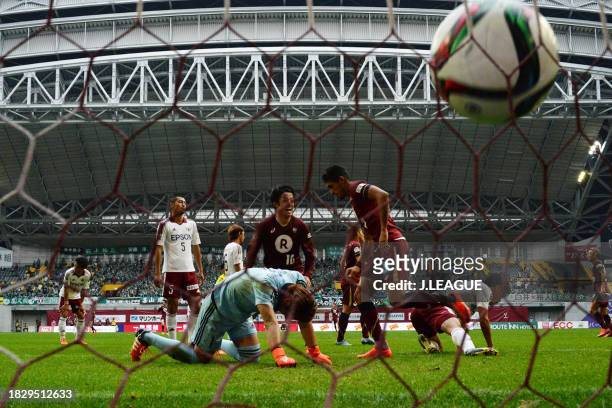Tomohiko Murayama of Matsumoto Yamaga shows dejection as Pedro Junior of Vissel Kobe scores the team's second goal during the J.League J1 second...