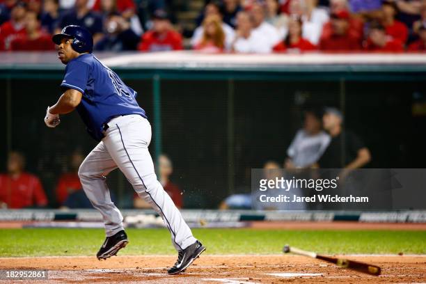 Delmon Young of the Tampa Bay Rays watches his solo home run in the third inning against Danny Salazar of the Cleveland Indians during the American...