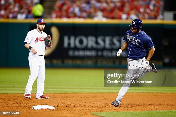 Delmon Young of the Tampa Bay Rays runs around second base after he hit a solo home run in the third inning against Danny Salazar of the Cleveland...