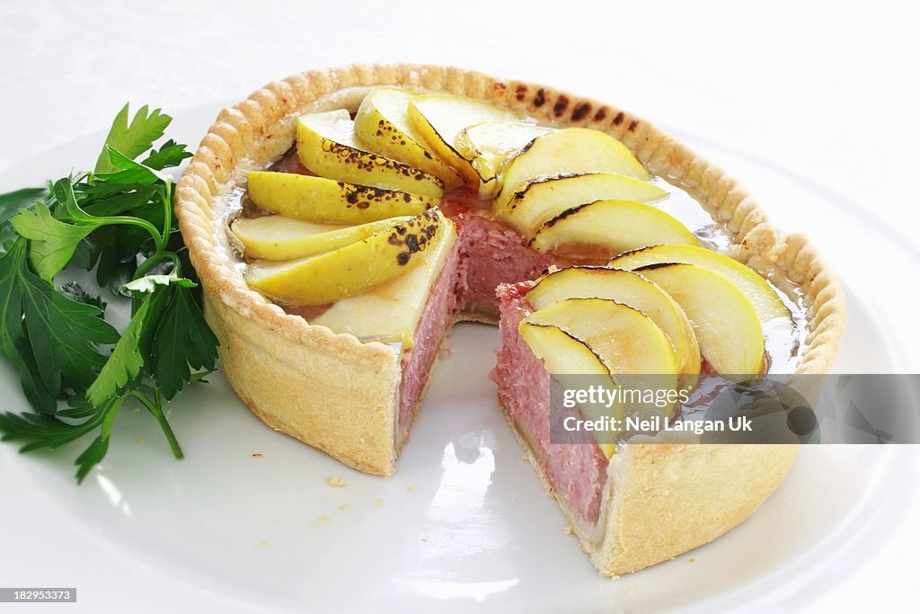 Pork and apple pie on white plate