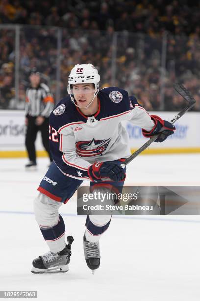 Jake Bean of the Columbus Blue Jackets skates against the Boston Bruins on December 3, 2023 at the TD Garden in Boston, Massachusetts.