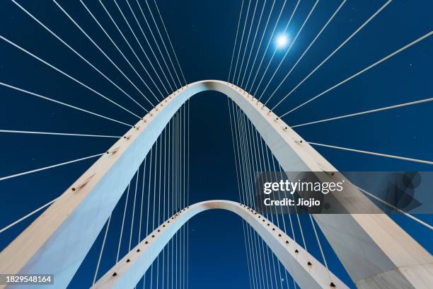 modern bridge against starfield at night - hangbrug stockfoto's en -beelden