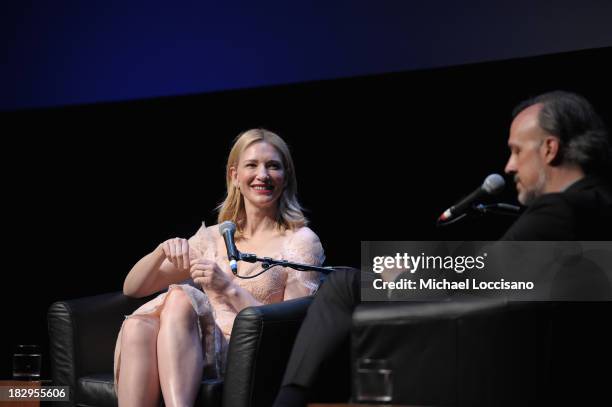 Actress Cate Blanchett and Kent Jones, Director of Programming for the New York Film Festival speak onstage at the Gala Tribute To Cate Blanchett...