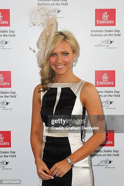 Television personality Jacqueline Felgate poses at the Emirates Stakes Day Fashion on the Field Launch at Flemington Racecourse on October 3, 2013 in...