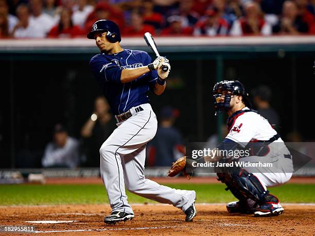 Desmond Jennings of the Tampa Bay Rays hits an hits RBI double to left field against Danny Salazar of the Cleveland Indians in the fourth inning...