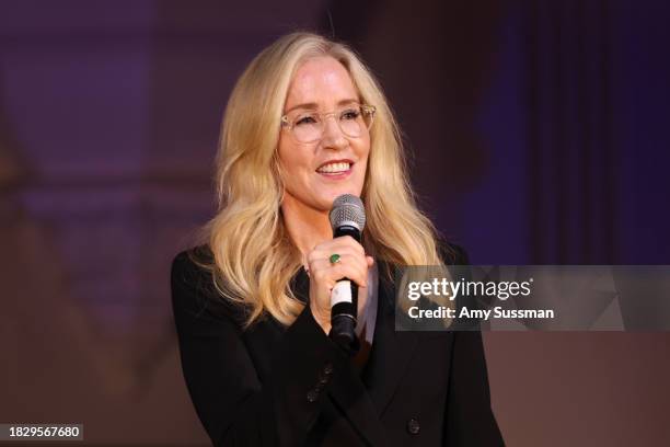 Felicity Huffman speaks at A New Way Of Life, women re-entry program, gala hosted by her and William H. Macy on December 03, 2023 in Los Angeles,...