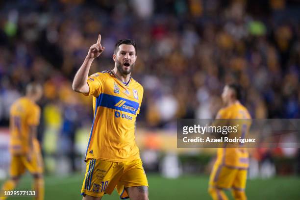 Andre-Pierre Gignac of Tigres celebrates after scoring the team's second goal during the quarterfinals second leg match between Tigres UANL and...
