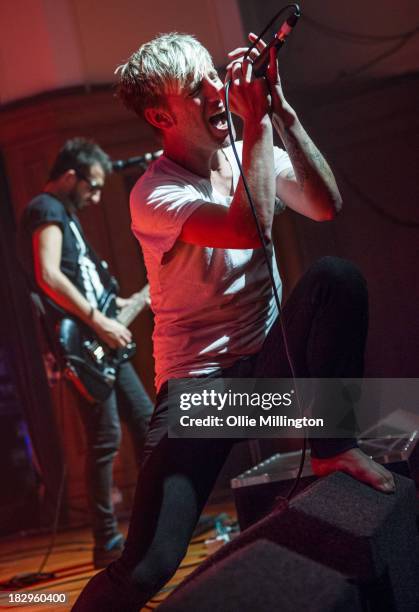 Nathan Leone of Madina Lake performs on stage at O2 Academy Leicester on October 2, 2013 in Leicester, England.