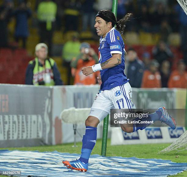 Dayro Moreno of Millonarios celebrates a goal against Quindio during a match between Millonarios and Deportes Quindio as part of the Liga Postobon II...