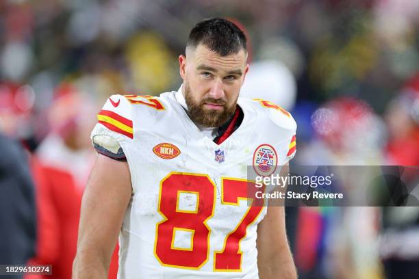 Travis Kelce of the Kansas City Chiefs stands on the sideline during the second half against the Green Bay Packers at Lambeau Field on December 03,...
