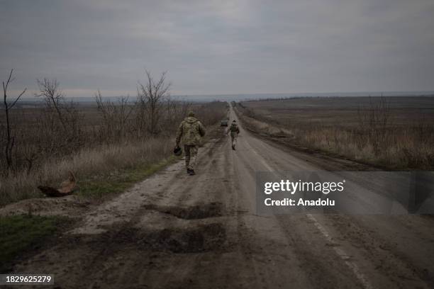 Ukrainian soldiers on their way to their fighting position on the frontline in Zaphorizhia, Ukraine on December 05, 2023. Due to the Russia-Ukraine...