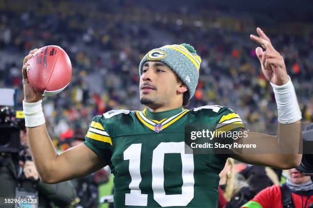 Jordan Love of the Green Bay Packers celebrates defeating the Kansas City Chiefs 27-19 at Lambeau Field on December 03, 2023 in Green Bay, Wisconsin.