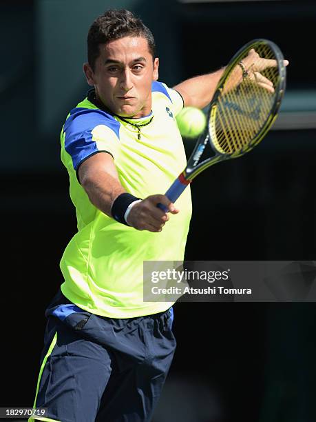 Nicolas Almagro of Spain in action during men's second round singles match against Horacio Zeballos of Argentina during day four of the Rakuten Open...