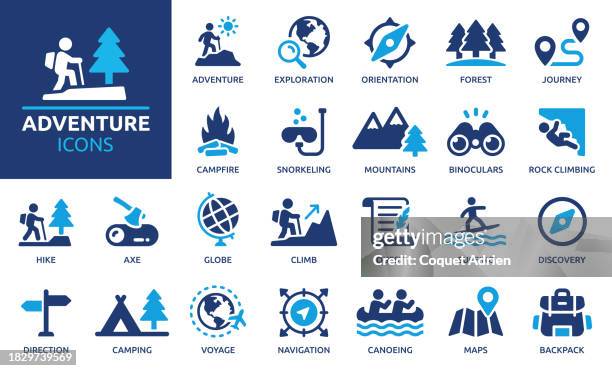 adventure icon set. solid icon collection. vector illustration. - mountain climbing icon stock illustrations