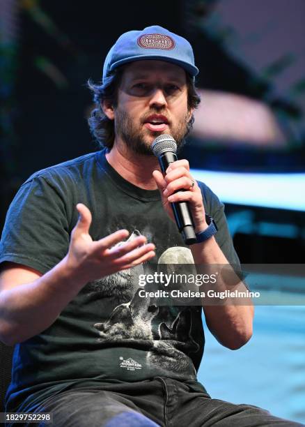 Jon Heder speaks at the "Napoleon Dynamite" panel during Los Angeles Comic Con at Los Angeles Convention Center on December 03, 2023 in Los Angeles,...