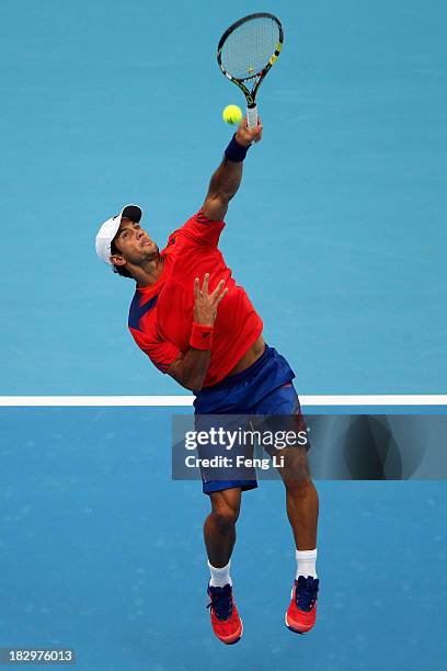 Fernando Verdasco of Spain returns a shot during his men's singles match against Novak Djokovic of Serbia on day six of the 2013 China Open at the...