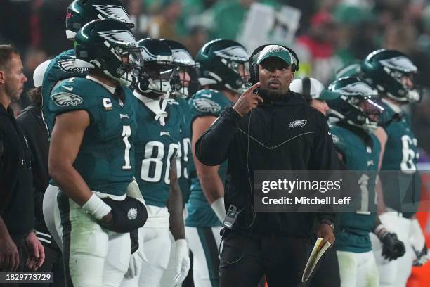 Offensive coordinator Brian Johnson of the Philadelphia Eagles looks on against the San Francisco 49ers at Lincoln Financial Field on December 3,...