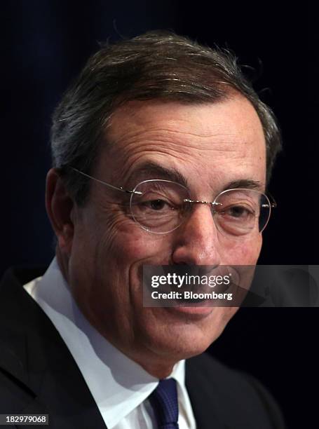 Mario Draghi, president of the European Central Bank , speaks during the ECB's interest rate news conference held at the Banque de France...