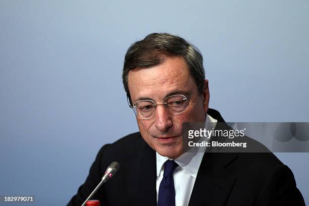 Mario Draghi, president of the European Central Bank , speaks during the ECB's interest rate news conference held at the Banque de France...