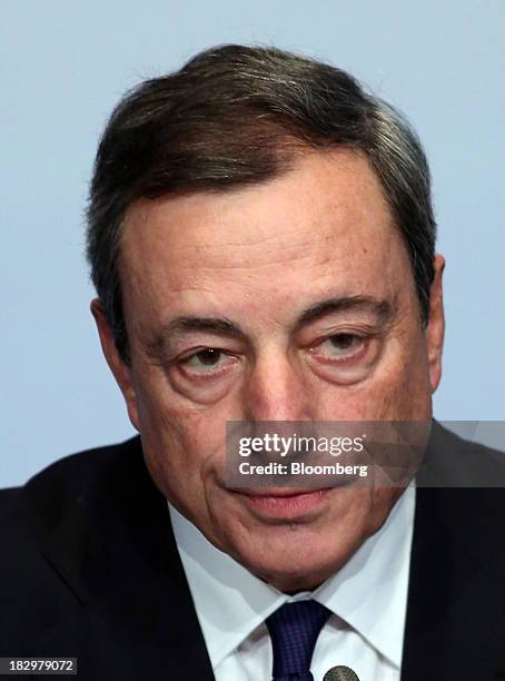 Mario Draghi, president of the European Central Bank , speaks during the ECB's interest rate news conference held at the Banque de France...