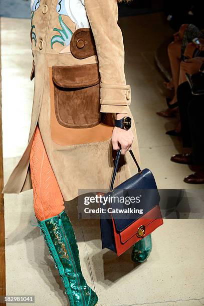 Handbag detail on the runway at the Miu Miu Spring Summer 2014 fashion show during Paris Fashion Week on October 2, 2013 in Paris, France.