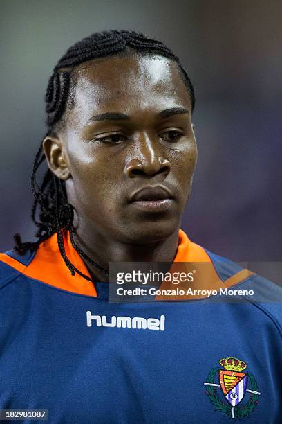 Manucho of Real Valladolid CF looks on prior to the start of the La Liga match between Real Valladolid CF and Malaga CF at Estadio Jose Zorilla on...