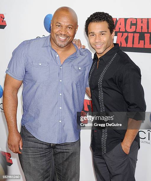 Actor Corbin Bleu and dad David Reivers arrive at the Los Angeles premiere of "Machete Kills" at Regal Cinemas L.A. Live on October 2, 2013 in Los...